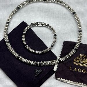 LAGOS Silver and Black Diamond Station Necklace and Bracelet Set